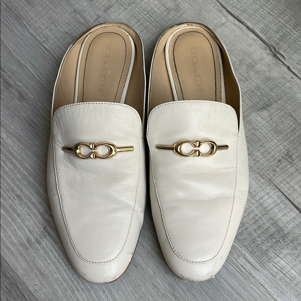 COACH White Leather Sienna Slides with Gold Accent Size 10